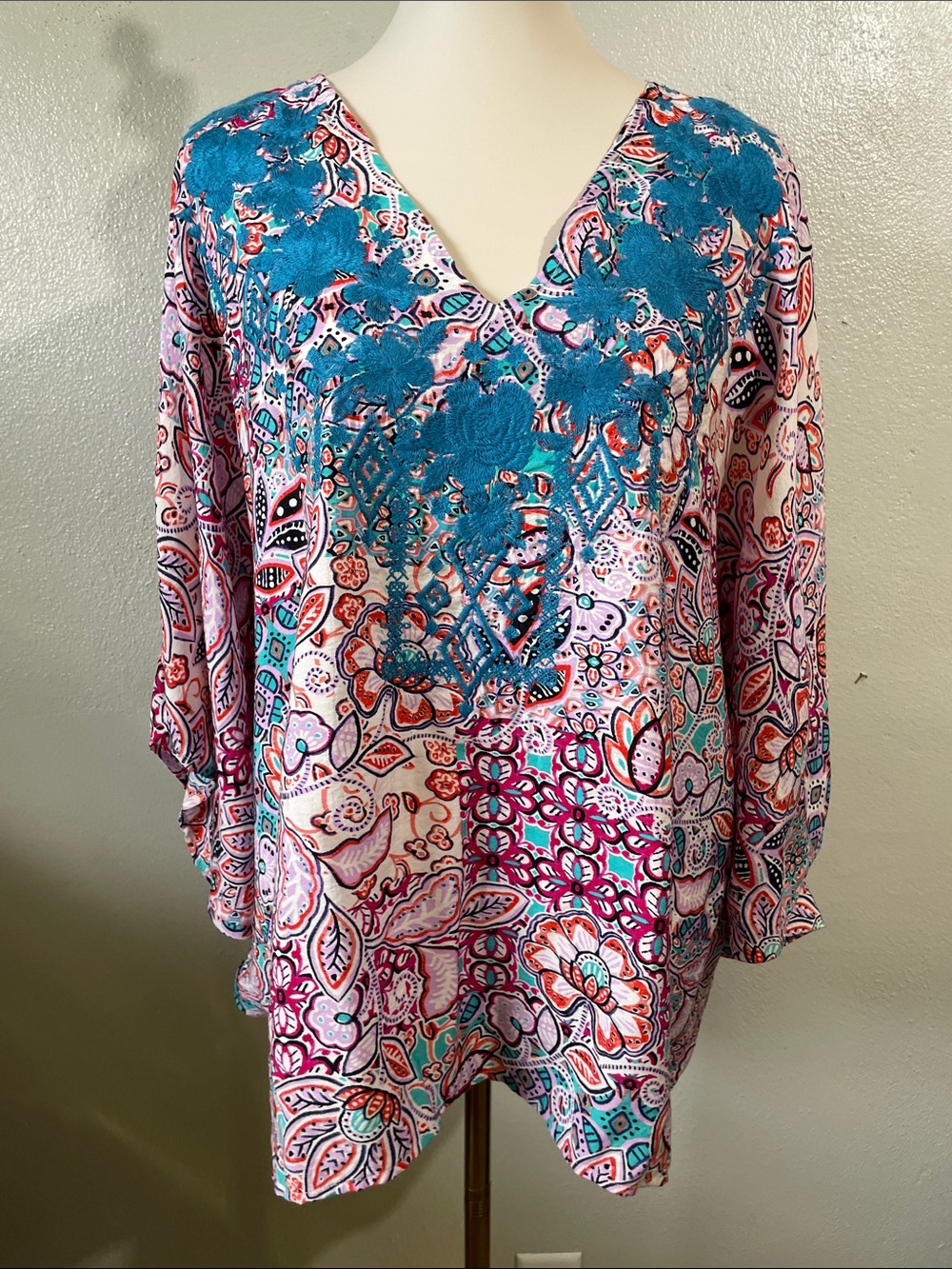 Embroidered Western Boho Dolman Sleeve Top Pink Blue Large Festival Savanna Jane